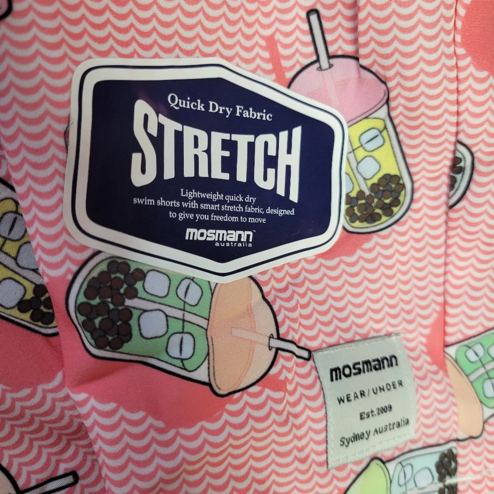 Mossman NWOT Mens Boba Drink Print Pink Swim‎ Trunk Size Large